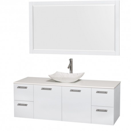 60 inch Single Bathroom Vanity in Glossy White, White Man-Made Stone Countertop, Arista White Carrera Marble Sink, and 58 inch