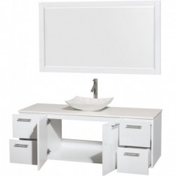 60 inch Single Bathroom Vanity in Glossy White, White Man-Made Stone Countertop, Arista White Carrera Marble Sink, and 58 inch