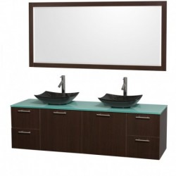 72 inch Double Bathroom Vanity in Espresso, Green Glass Countertop, Arista Black Granite Sinks, and 70 inch Mirror