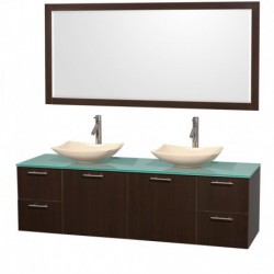 72 inch Double Bathroom Vanity in Espresso, Green Glass Countertop, Arista Ivory Marble Sinks, and 70 inch Mirror
