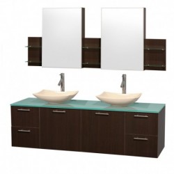 72 inch Double Bathroom Vanity in Espresso, Green Glass Countertop, Arista Ivory Marble Sinks, and Medicine Cabinets