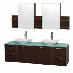 72 inch Double Bathroom Vanity in Espresso, Green Glass Countertop, Arista White Carrera Marble Sinks, and Medicine Cabinets
