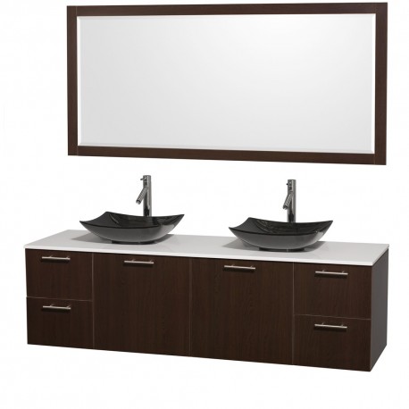 72 inch Double Bathroom Vanity in Espresso, White Man-Made Stone Countertop, Arista Black Granite Sinks, and 70 inch Mirror