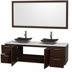 72 inch Double Bathroom Vanity in Espresso, White Man-Made Stone Countertop, Arista Black Granite Sinks, and 70 inch Mirror