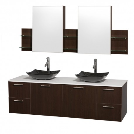 72 inch Double Bathroom Vanity in Espresso, White Man-Made Stone Countertop, Arista Black Granite Sinks, and Medicine Cabinets