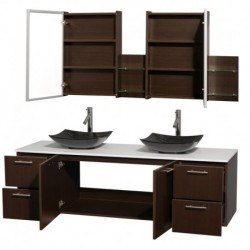 72 inch Double Bathroom Vanity in Espresso, White Man-Made Stone Countertop, Arista Black Granite Sinks, and Medicine Cabinets