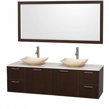 72 inch Double Bathroom Vanity in Espresso, White Man-Made Stone Countertop, Arista Ivory Marble Sinks, and 70 inch Mirror