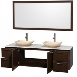72 inch Double Bathroom Vanity in Espresso, White Man-Made Stone Countertop, Arista Ivory Marble Sinks, and 70 inch Mirror