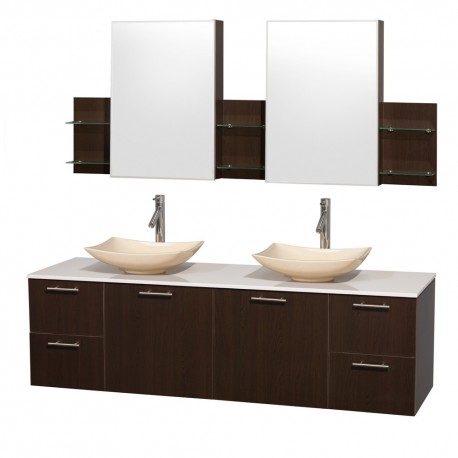 72 inch Double Bathroom Vanity in Espresso, White Man-Made Stone Countertop, Arista Ivory Marble Sinks, and Medicine Cabinets
