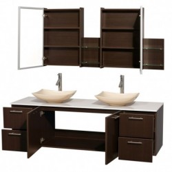72 inch Double Bathroom Vanity in Espresso, White Man-Made Stone Countertop, Arista Ivory Marble Sinks, and Medicine Cabinets