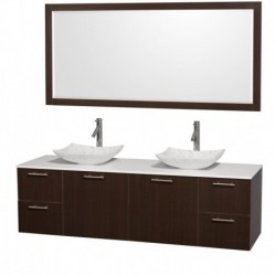 72 inch Double Bathroom Vanity in Espresso, White Man-Made Stone Countertop, Arista White Carrera Marble Sinks, and 70 inch Mir