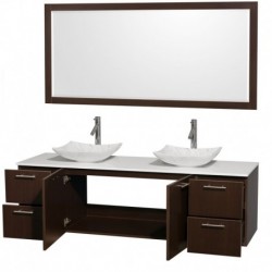 72 inch Double Bathroom Vanity in Espresso, White Man-Made Stone Countertop, Arista White Carrera Marble Sinks, and 70 inch Mir