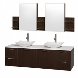 72 inch Double Bathroom Vanity in Espresso, White Man-Made Stone Countertop, Arista White Carrera Marble Sinks, and Medicine Ca