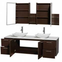 72 inch Double Bathroom Vanity in Espresso, White Man-Made Stone Countertop, Arista White Carrera Marble Sinks, and Medicine Ca