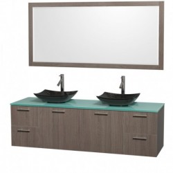 72 inch Double Bathroom Vanity in Gray Oak, Green Glass Countertop, Arista Black Granite Sinks, and 70 inch Mirror