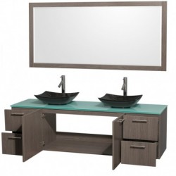 72 inch Double Bathroom Vanity in Gray Oak, Green Glass Countertop, Arista Black Granite Sinks, and 70 inch Mirror