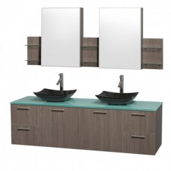 72 inch Double Bathroom Vanity in Gray Oak, Green Glass Countertop, Arista Black Granite Sinks, and Medicine Cabinets