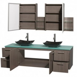 72 inch Double Bathroom Vanity in Gray Oak, Green Glass Countertop, Arista Black Granite Sinks, and Medicine Cabinets