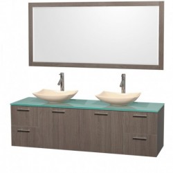 72 inch Double Bathroom Vanity in Gray Oak, Green Glass Countertop, Arista Ivory Marble Sinks, and 70 inch Mirror