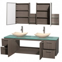 72 inch Double Bathroom Vanity in Gray Oak, Green Glass Countertop, Arista Ivory Marble Sinks, and Medicine Cabinets