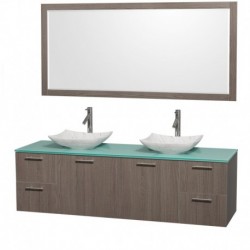 72 inch Double Bathroom Vanity in Gray Oak, Green Glass Countertop, Arista White Carrera Marble Sinks, and 70 inch Mirror