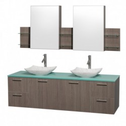 72 inch Double Bathroom Vanity in Gray Oak, Green Glass Countertop, Arista White Carrera Marble Sinks, and Medicine Cabinets