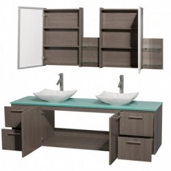 72 inch Double Bathroom Vanity in Gray Oak, Green Glass Countertop, Arista White Carrera Marble Sinks, and Medicine Cabinets