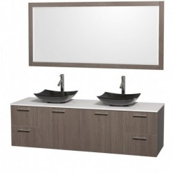 72 inch Double Bathroom Vanity in Gray Oak, White Man-Made Stone Countertop, Arista Black Granite Sinks, and 70 inch Mirror