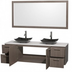 72 inch Double Bathroom Vanity in Gray Oak, White Man-Made Stone Countertop, Arista Black Granite Sinks, and 70 inch Mirror