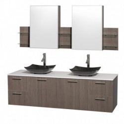 72 inch Double Bathroom Vanity in Gray Oak, White Man-Made Stone Countertop, Arista Black Granite Sinks, and Medicine Cabinets