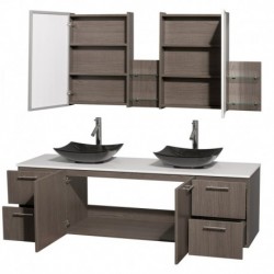 72 inch Double Bathroom Vanity in Gray Oak, White Man-Made Stone Countertop, Arista Black Granite Sinks, and Medicine Cabinets