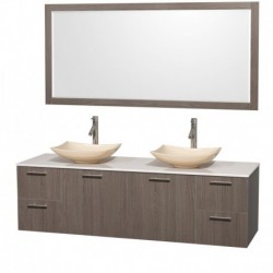 72 inch Double Bathroom Vanity in Gray Oak, White Man-Made Stone Countertop, Arista Ivory Marble Sinks, and 70 inch Mirror