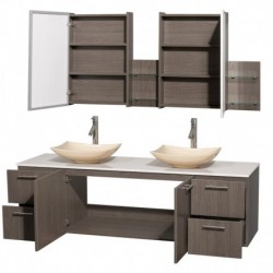 72 inch Double Bathroom Vanity in Gray Oak, White Man-Made Stone Countertop, Arista Ivory Marble Sinks, and Medicine Cabinets