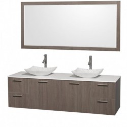 72 inch Double Bathroom Vanity in Gray Oak, White Man-Made Stone Countertop, Arista White Carrera Marble Sinks, and 70 inch Mir