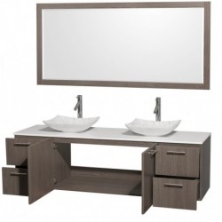 72 inch Double Bathroom Vanity in Gray Oak, White Man-Made Stone Countertop, Arista White Carrera Marble Sinks, and 70 inch Mir