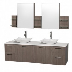 72 inch Double Bathroom Vanity in Gray Oak, White Man-Made Stone Countertop, Arista White Carrera Marble Sinks, and Medicine Ca