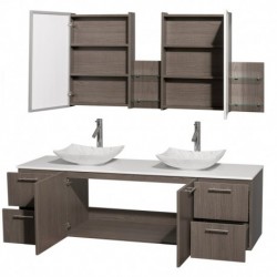 72 inch Double Bathroom Vanity in Gray Oak, White Man-Made Stone Countertop, Arista White Carrera Marble Sinks, and Medicine Ca