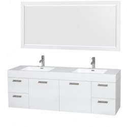 72 inch Double Bathroom Vanity in Glossy White, Acrylic Resin Countertop, Integrated Sinks, and 70 inch Mirror
