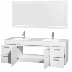 72 inch Double Bathroom Vanity in Glossy White, Acrylic Resin Countertop, Integrated Sinks, and 70 inch Mirror