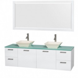 72 inch Double Bathroom Vanity in Glossy White, Green Glass Countertop, Pyra Bone Porcelain Sinks, and 70 inch Mirror