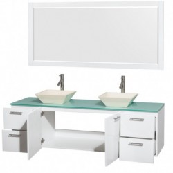 72 inch Double Bathroom Vanity in Glossy White, Green Glass Countertop, Pyra Bone Porcelain Sinks, and 70 inch Mirror