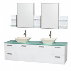 72 inch Double Bathroom Vanity in Glossy White, Green Glass Countertop, Pyra Bone Porcelain Sinks, and Medicine Cabinets