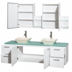 72 inch Double Bathroom Vanity in Glossy White, Green Glass Countertop, Pyra Bone Porcelain Sinks, and Medicine Cabinets