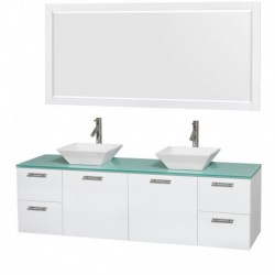 72 inch Double Bathroom Vanity in Glossy White, Green Glass Countertop, Pyra White Sinks, and 70 inch Mirror
