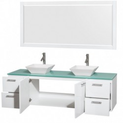 72 inch Double Bathroom Vanity in Glossy White, Green Glass Countertop, Pyra White Sinks, and 70 inch Mirror
