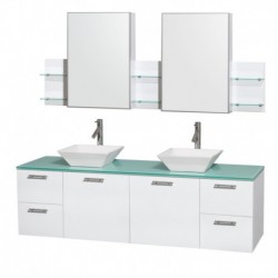 72 inch Double Bathroom Vanity in Glossy White, Green Glass Countertop, Pyra White Sinks, and Medicine Cabinets