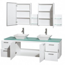 72 inch Double Bathroom Vanity in Glossy White, Green Glass Countertop, Pyra White Sinks, and Medicine Cabinets