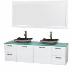 72 inch Double Bathroom Vanity in Glossy White, Green Glass Countertop, Altair Black Granite Sinks, and 70 inch Mirror