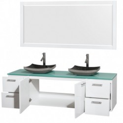 72 inch Double Bathroom Vanity in Glossy White, Green Glass Countertop, Altair Black Granite Sinks, and 70 inch Mirror