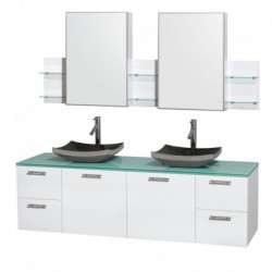 72 inch Double Bathroom Vanity in Glossy White, Green Glass Countertop, Altair Black Granite Sinks, and Medicine Cabinets